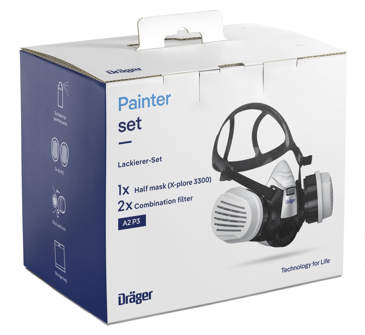 Dräger® X-plore® 3300 Gasmaske / Halbmaske Lackierer Set 3708070, Größe L, A2 P3 R D Kombinationsfilter, Soft TPE, Dräger® Bajonett-Klick Filteranschluss