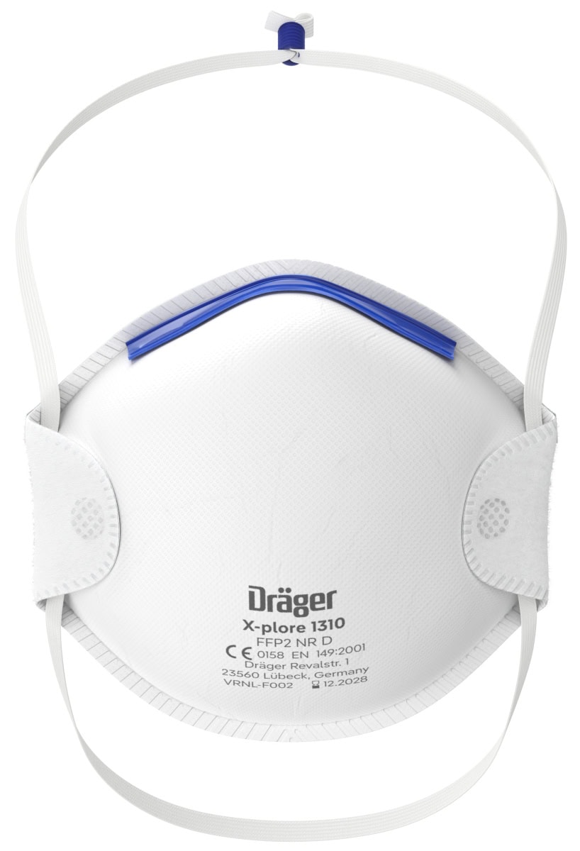 Dräger® X-plore® Vorgeformte Atemschutzmaske / Partikelmaske 1310 FFP1 NR D 3951211, Universalgröße, Hygienisch einzelverpackt, VarioFlex™ Kopfband, Ohne Ausatemventil, Schützt effektiv gegen Feinstäube und Partikel