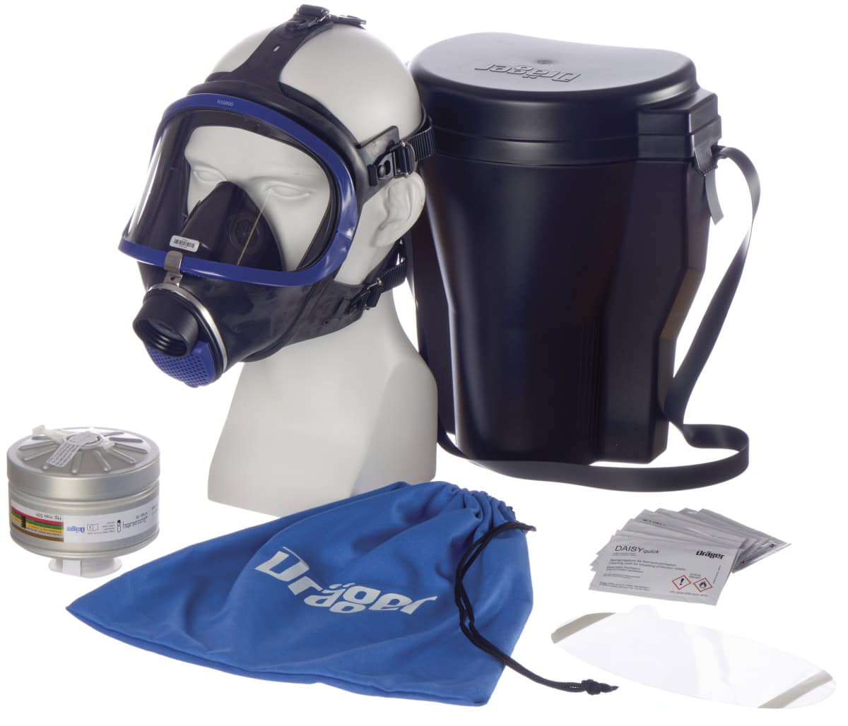 Dräger® X-plore® 6300 Gasmaske / Vollmaske Chemiearbeiter Multikit 3735970, Universalgröße, A2B2E2K2 Hg P3 R D Kombinationsfilter, Kratz- & UV beständige PMMA Sichtscheibe, EPDM Maskenkörper, Blauer Kunststoffrahmen, RD40 Filteranschluss [NATO Standard]