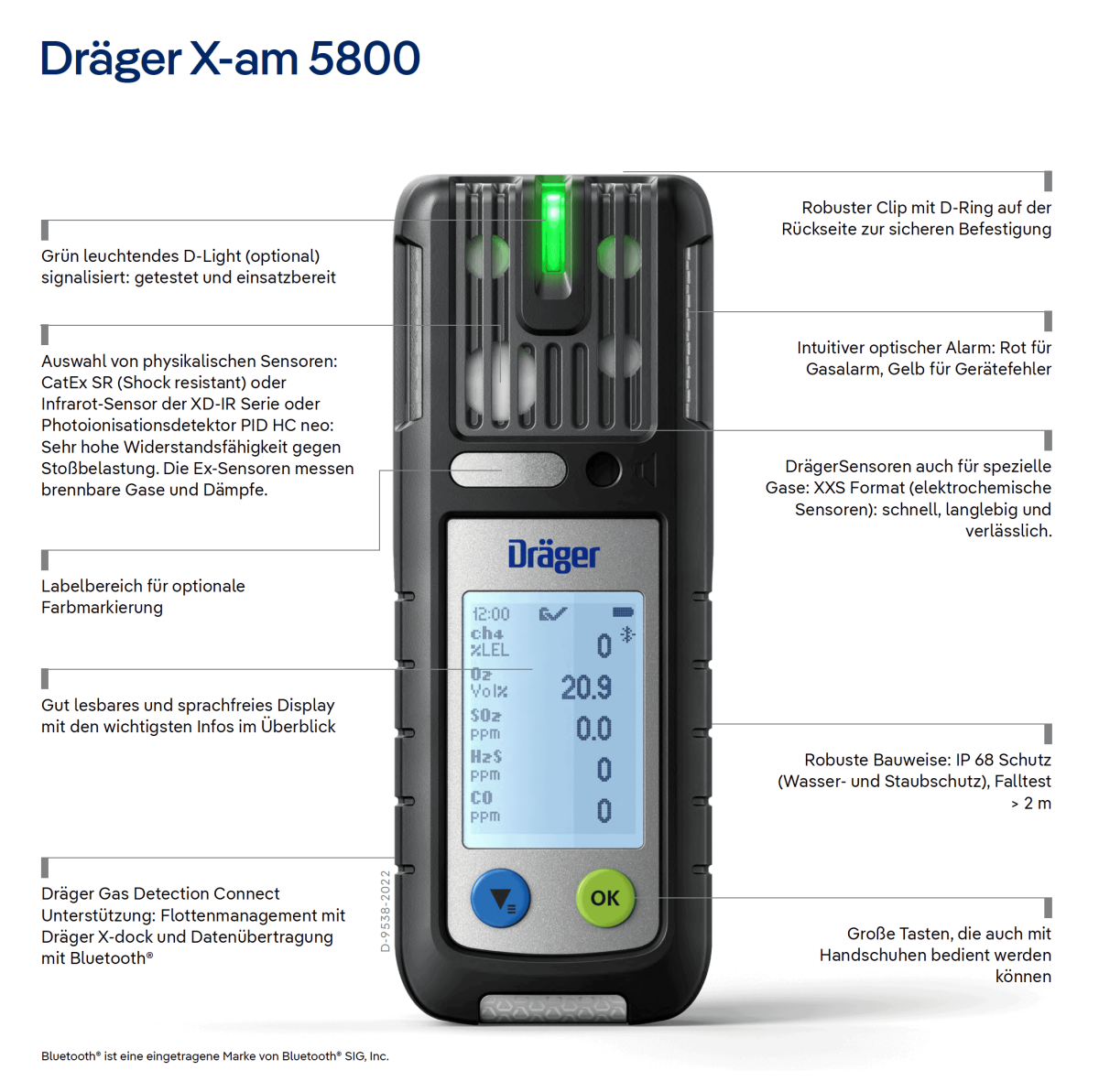 Dräger® X-am® 5800 Mehrgasmessgerät VN00758, CatEx, O2, H2S LC, CO/H2 CP, 1 bis 6 Gase Messgerät, IP 68 Staub- & Wasserdicht, Für die persönliche Gasüberwachung im täglichen Einsatz & Freimessung von Kanälen und Schächten