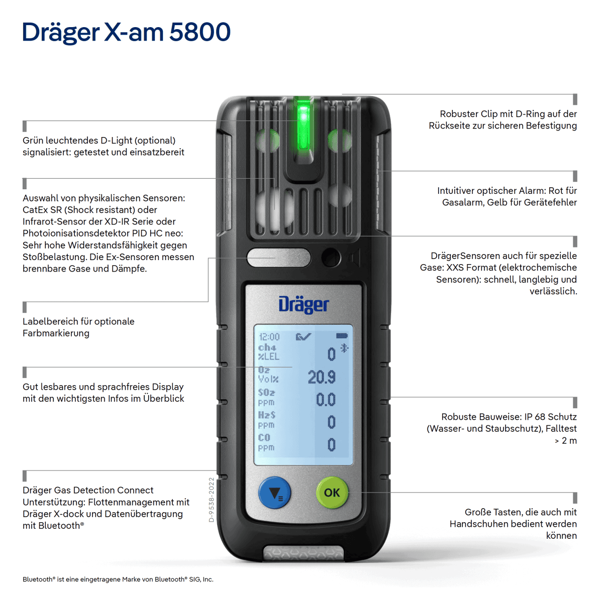 Dräger® X-am® 5800 Mehrgasmessgerät VN00777, CatEx, O2, H2S/CO LC, OV, 1 bis 6 Gase Messgerät, IP 68 Staub- & Wasserdicht, Für die persönliche Gasüberwachung im täglichen Einsatz & Freimessung von Kanälen und Schächten