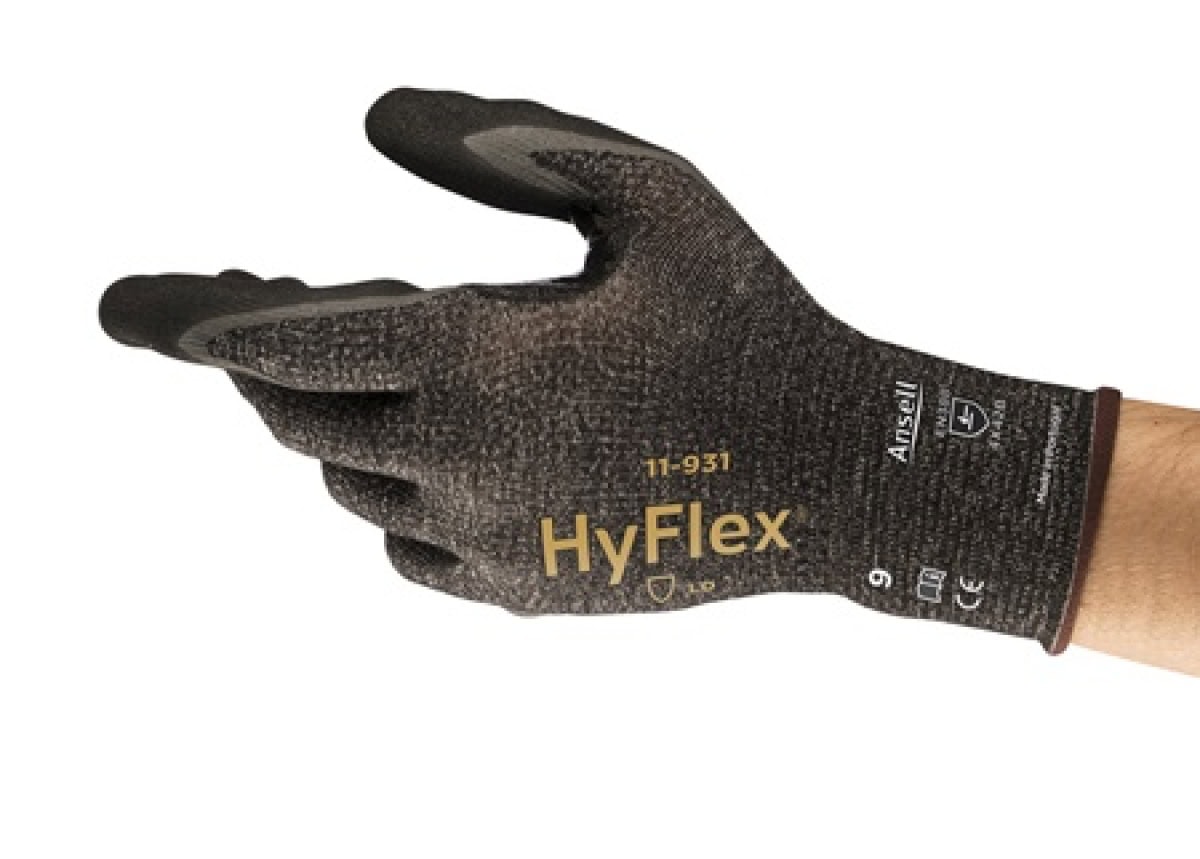 Ansell Hyflex™ 11-931 Schnittschutzhandschuh 11931070, Für zuverlässigen Schnittschutz mit ölabweisender Wirkung, Größe 7, Grau/ Schwarz, 212-261 mm lang, Mit GRIP™ und  RIPEL™ Flüssigkeitsabweisung