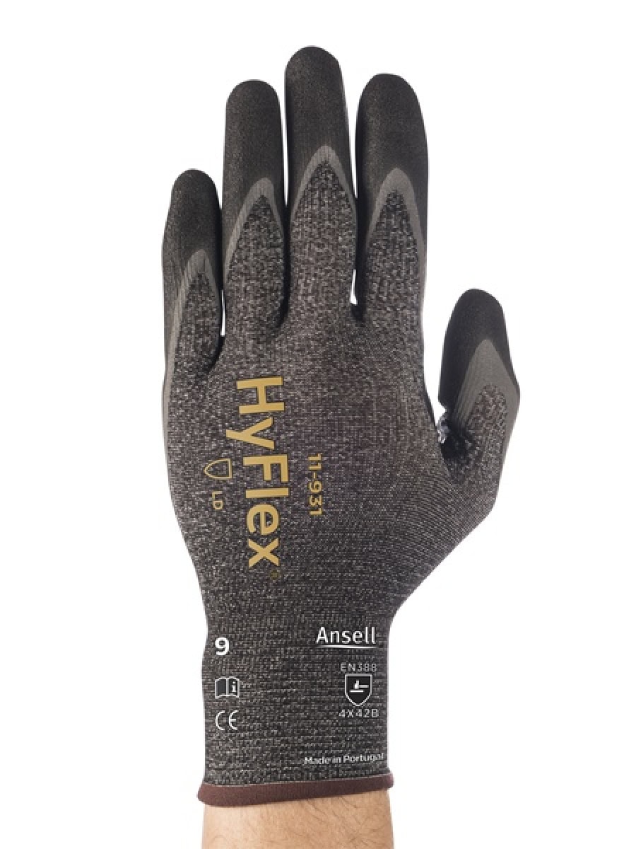 Ansell Hyflex™ 11-931 Schnittschutzhandschuh 11931070, Für zuverlässigen Schnittschutz mit ölabweisender Wirkung, Größe 7, Grau/ Schwarz, 212-261 mm lang, Mit GRIP™ und  RIPEL™ Flüssigkeitsabweisung