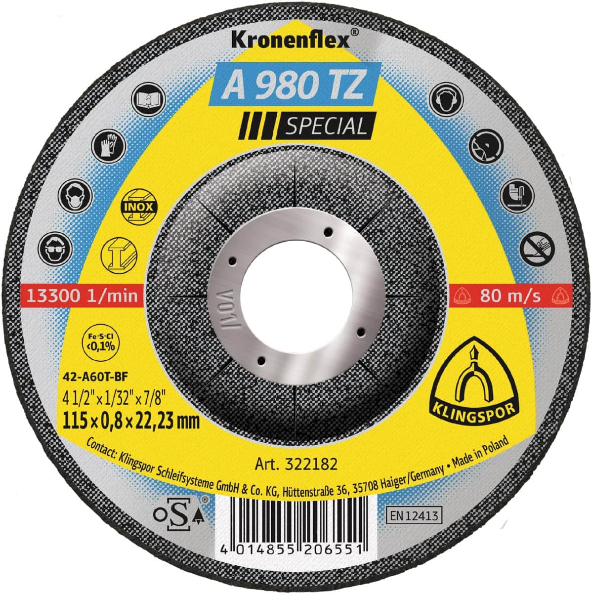 KLINGSPOR Kronenflex® A 980 TZ Special Trennschreibe 322182, Ø 115 mm x 0,8 mm x 22 mm, P80, A, 13.300 U./Min., Typ 27 Gekröpft, Aluminiumkorn, Für Edelstahl, Stahl und Metall