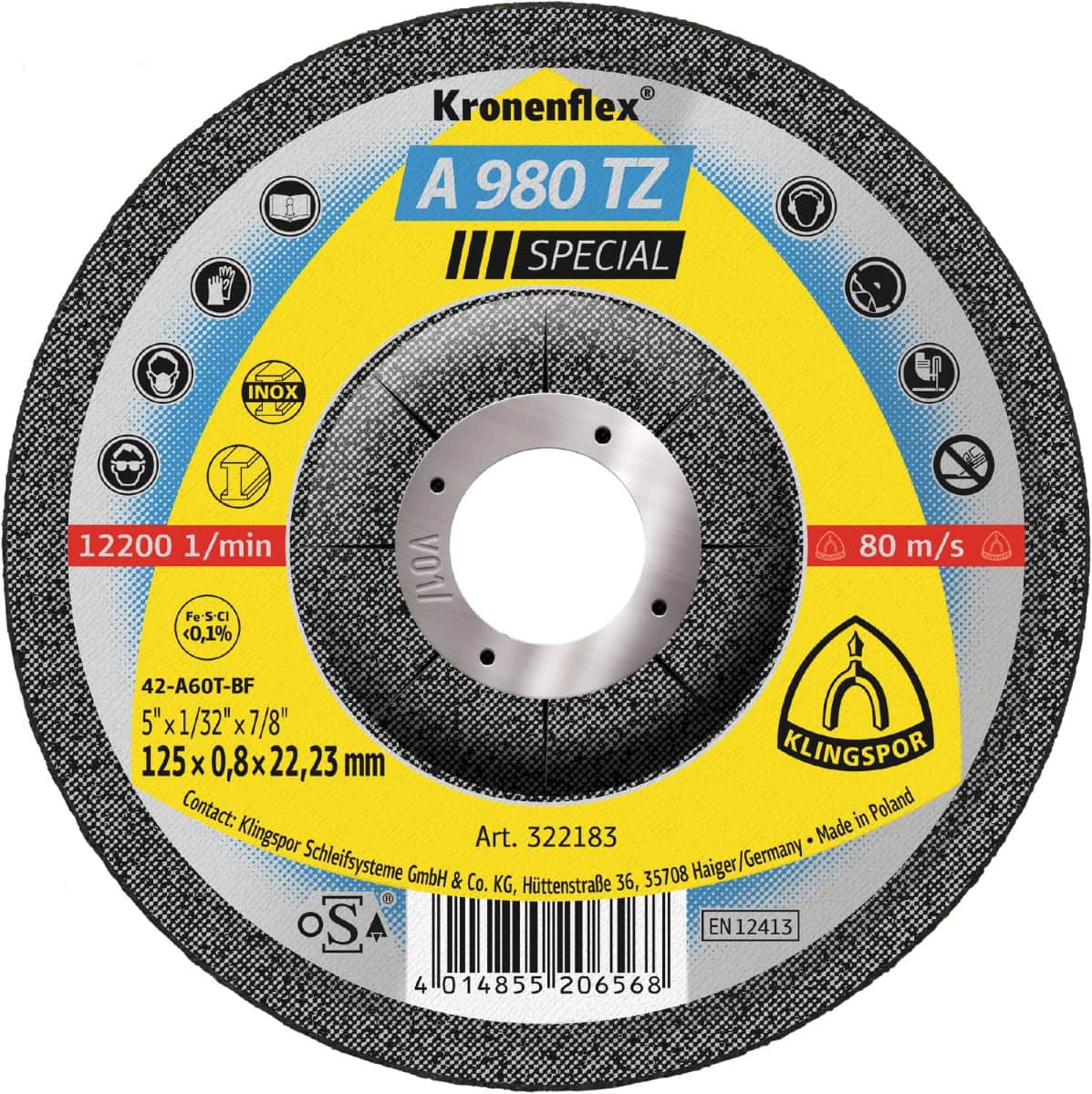 KLINGSPOR Kronenflex® A 980 TZ Special Trennschreibe 322183, Ø 125 mm x 0,8 mm x 22 mm, P80, A, 12.200 U./Min., Typ 27 Gekröpft, Aluminiumkorn, Für Edelstahl, Stahl und Metall