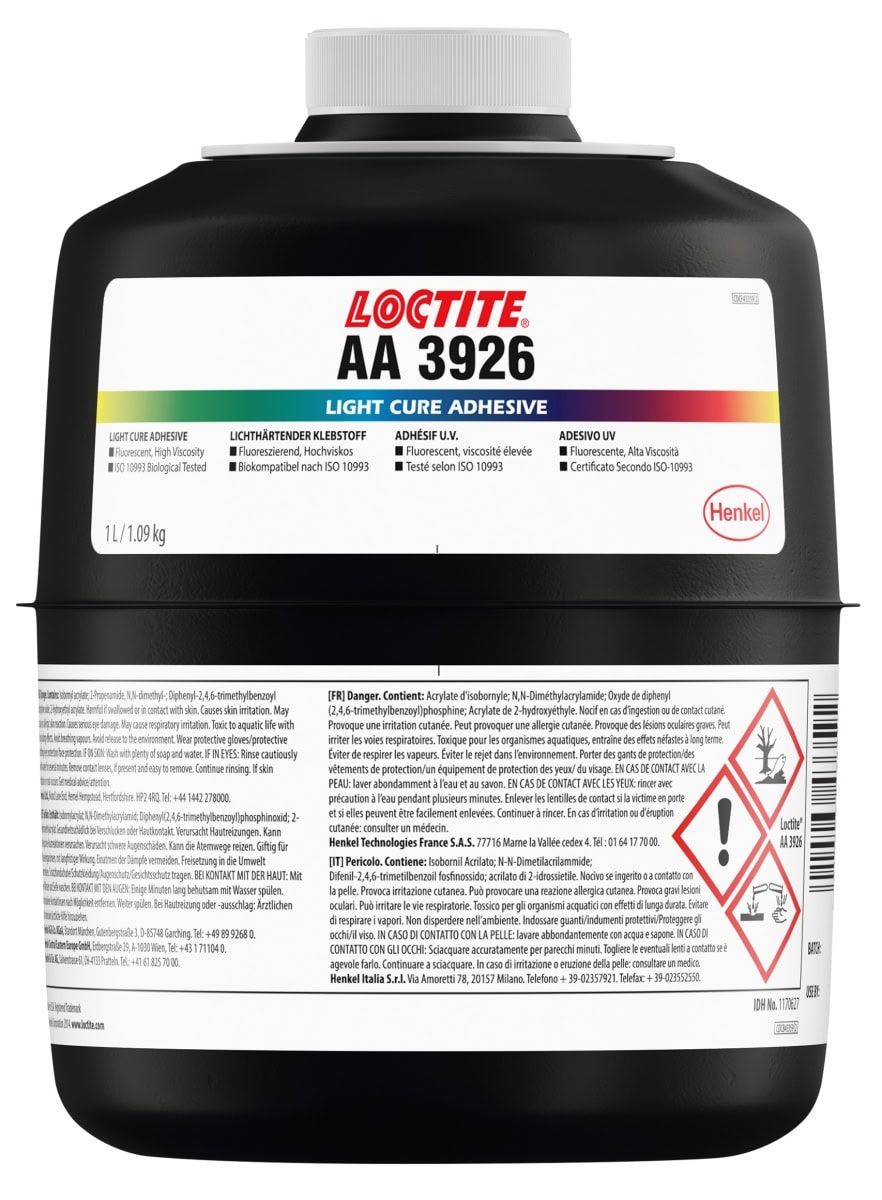 Henkel™ Loctite® AA 3926 UV Klebstoff, 1 L, Transluzent, hell bernsteinfarben, 1170627, Für Metalle, Kunststoffe und Keramik