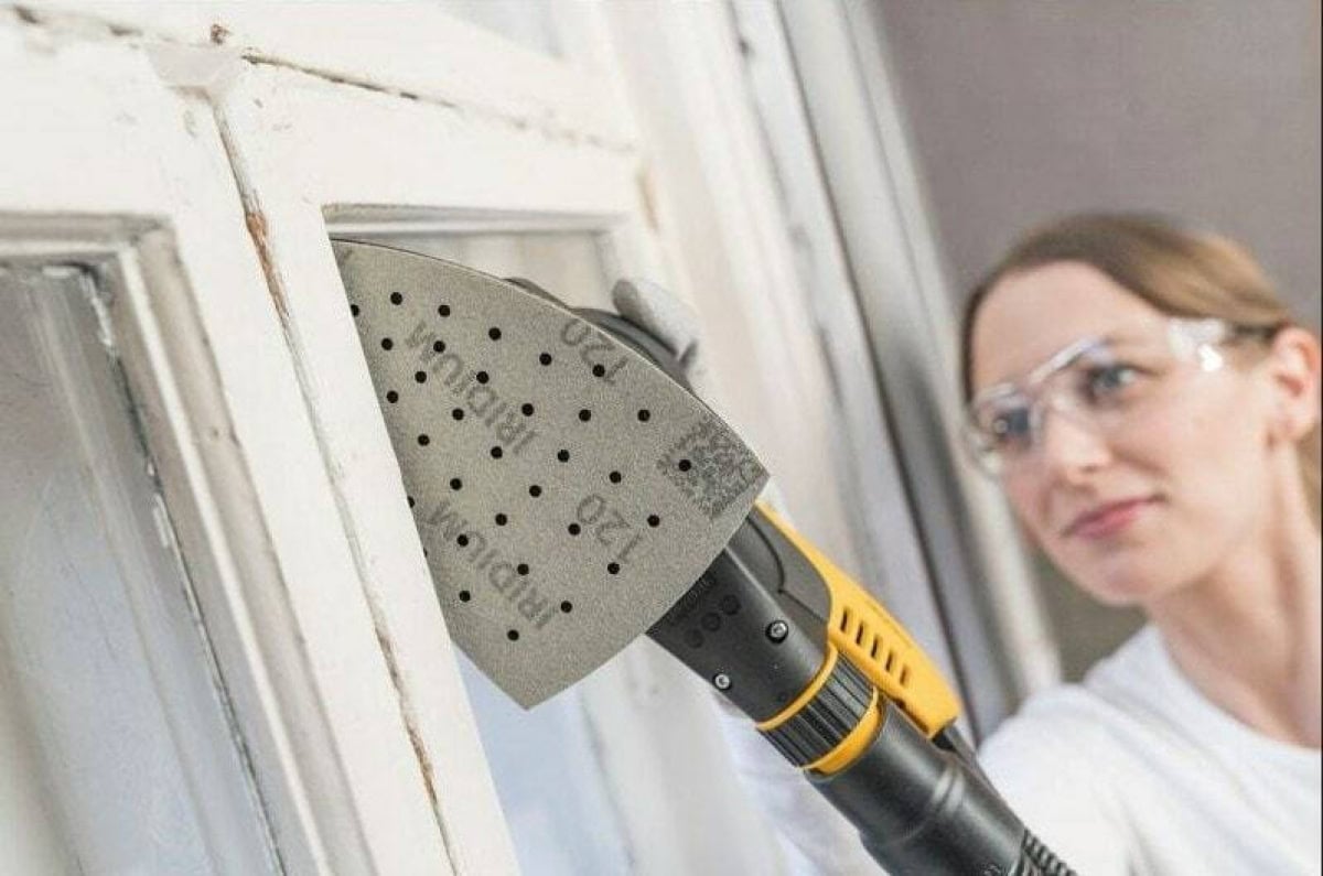 Mirka® Iridium® 246JQ01018, Ø 100 mm x 152 mm x 152 mm, P180, Multilochung, Kletthaftend, Delta Schleifscheibe mit Keramik- und Aluminiumkorn