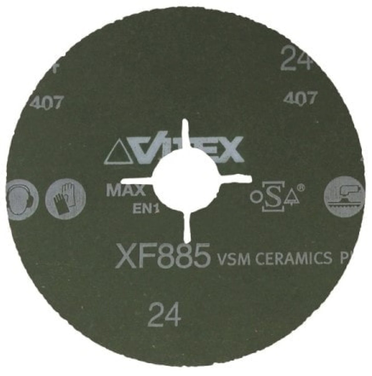 VSM CERAMICS Plus XF885 795236, Ø 115 mm x ø 22,23 mm, P36, 4-fach Schlitz Ausführung (S1E), 13.300 U./Min., Fiberscheibe mit Keramikkorn, Für Edelstahl und Superlegierungen