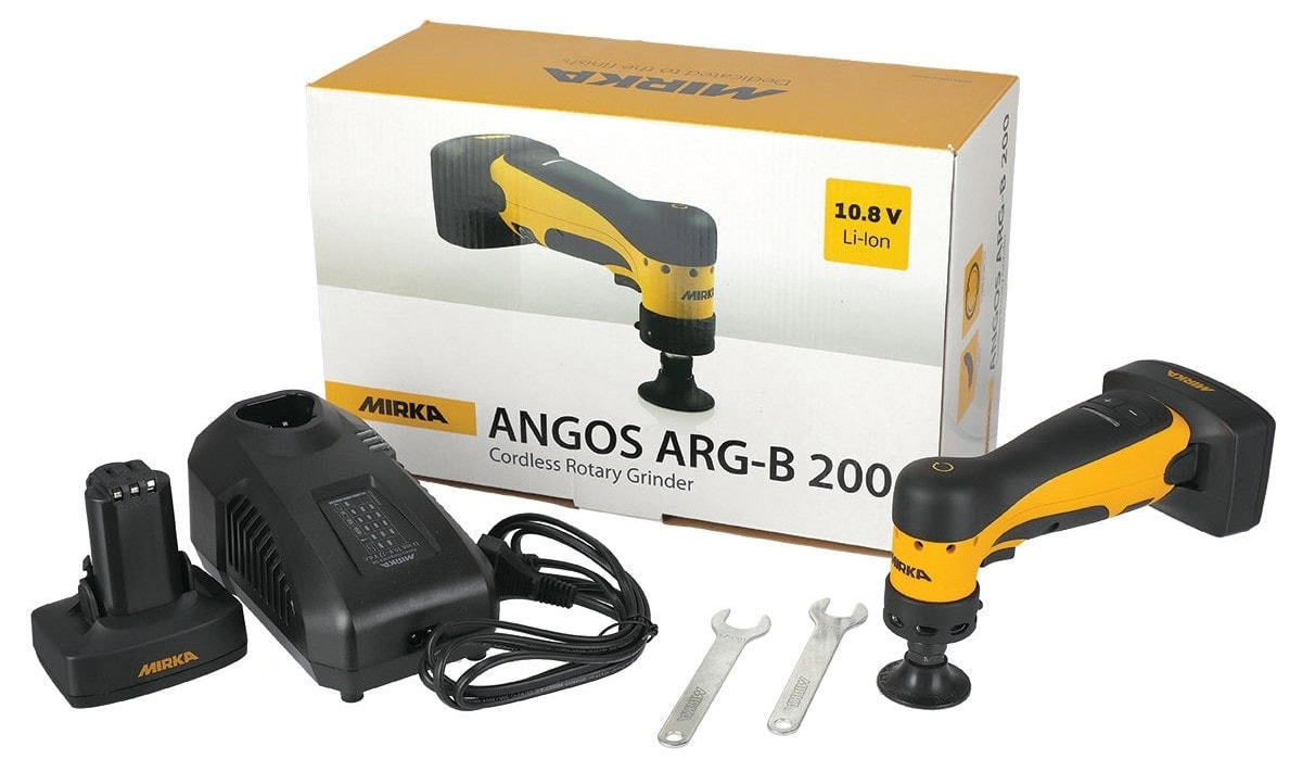 Mirka® ANGOS Akku Winkelschleifer ARG-B 200 8991100311, Ø 50 mm, Quick Lock Gewinde, Ohne Absaugung, Akku: 10.8V 2.5Ah, 0,4 PS / 300 Watt