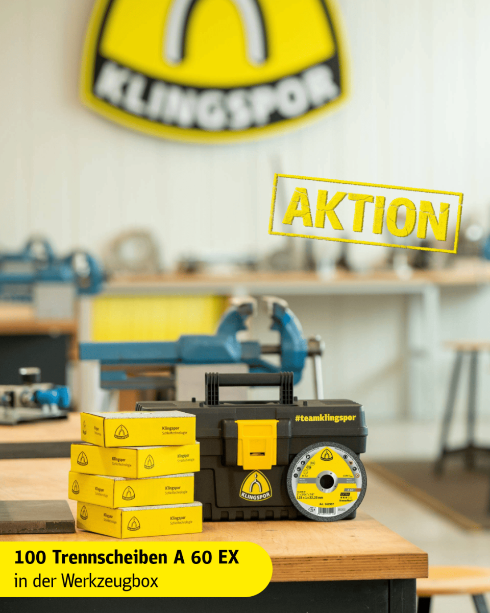 KLINGSPOR Kronenflex® A 60 Extra Trennscheiben Aktionsbox 721938, 100 Stück + Werkzeugbox, Ø 125 mm x 1 mm, ø 22 mm, P36, A, 12.200 U./Min., Typ 41 Gerade, Aluminiumkorn, Universell für alle Metalle