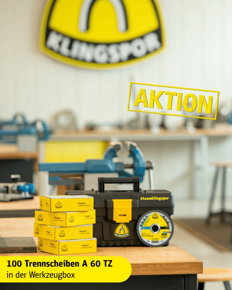 KLINGSPOR Kronenflex® A 60 TZ Special Trennscheibe Aktionsbox 721937, 100 Stück + Werkzeugbox, Ø 125 mm x 1 mm, ø 22 mm, P60, A, 12.200 U./Min., Typ 41 Gerade, Aluminiumkorn, Für Edelstahl und Stahl