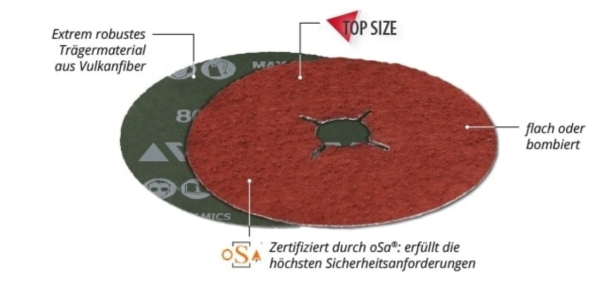 VSM CERAMICS XF870 731252, Ø115 mm x ø22,23 mm, P36, 4-fach Schlitz Ausführung (S1E), 13.300 U./Min., Fiberscheibe mit Keramikkorn, Für Edelstahl und andere Werkstoffe