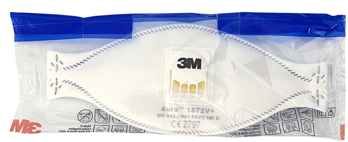 3M™ Aura™ Medizinische Atemschutzmaske 1872V+ FFP2 NR D mit Cool-Flow Ausatmenventil, Chirurgische Maske nach EN14683, Medizinvariante, Hygienisch einzelverpackt