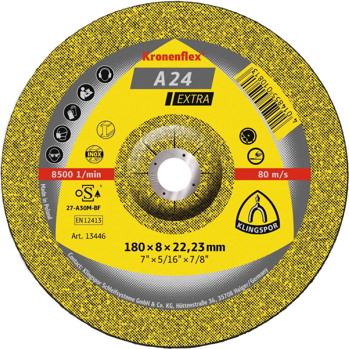 KLINGSPOR Kronenflex® A 24 Extra Schruppscheibe 13447, Ø 230 mm x 6 mm x 22 mm, P36, A, 6.600 U./Min., Typ 27 Gekröpft, Aluminiumkorn, Für Stahl, Edelstahl, Guss & universal Metallanwendungen