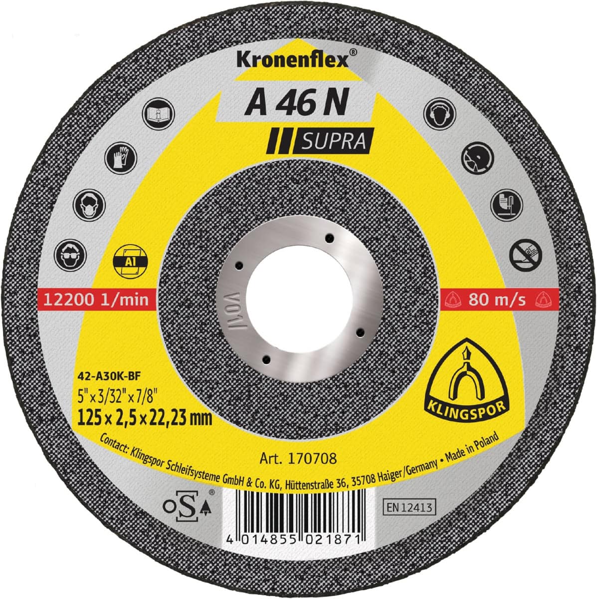 KLINGSPOR Kronenflex® A 46 N Supra Trennscheibe 170707, Ø 115 mm x 2,5 mm x 22 mm, P36, A, 13.300 U./Min., Typ 41 Gerade, Aluminiumkorn, Für Aluminium