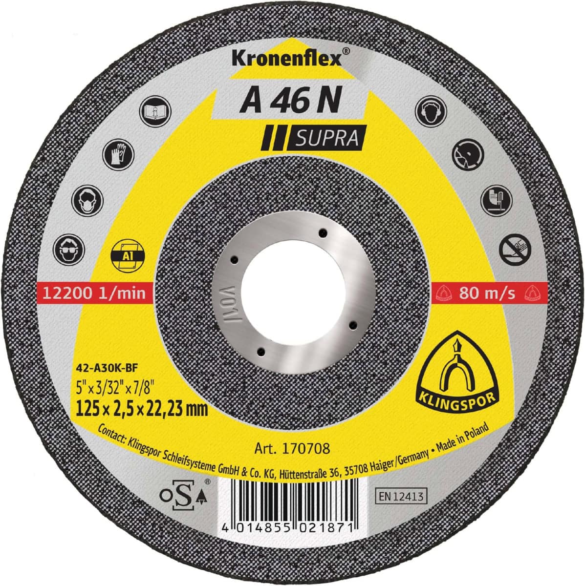 KLINGSPOR Kronenflex® A 46 N Supra Trennscheibe 170708, Ø 125 mm x 2,5 mm x 22 mm, P36, A, 12.200 U./Min., Typ 27 Gekröpft, Aluminiumkorn, Für Aluminium