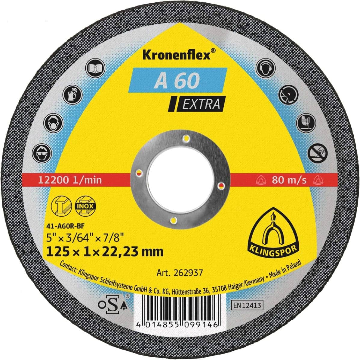 KLINGSPOR Kronenflex® A 60 Extra Trennscheiben Aktionsbox 721938, 100 Stück + Werkzeugbox, Ø 125 mm x 1 mm, ø 22 mm, P36, A, 12.200 U./Min., Typ 41 Gerade, Aluminiumkorn, Universell für alle Metalle