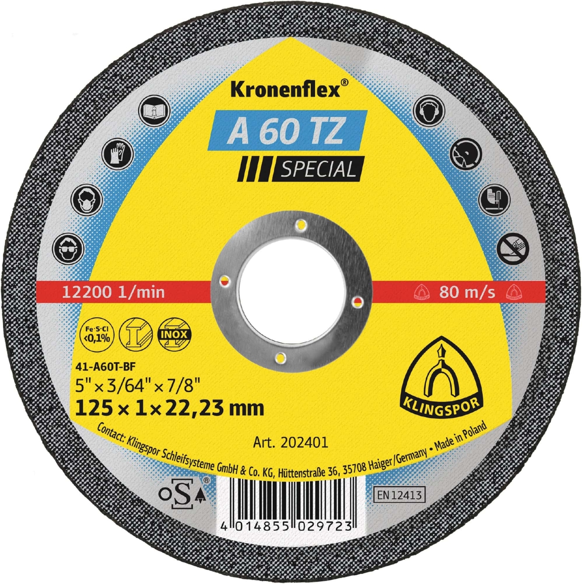 KLINGSPOR Kronenflex® A 60 TZ Special Trennscheiben Aktions Set 734775, Inkl. Werkzeugbox und Schleiffix, Ø 125 mm x 1 mm, ø 22 mm, P60, A, 12.200 U./Min., Typ 41 Gerade, Aluminiumkorn, Für Edelstahl und Stahl