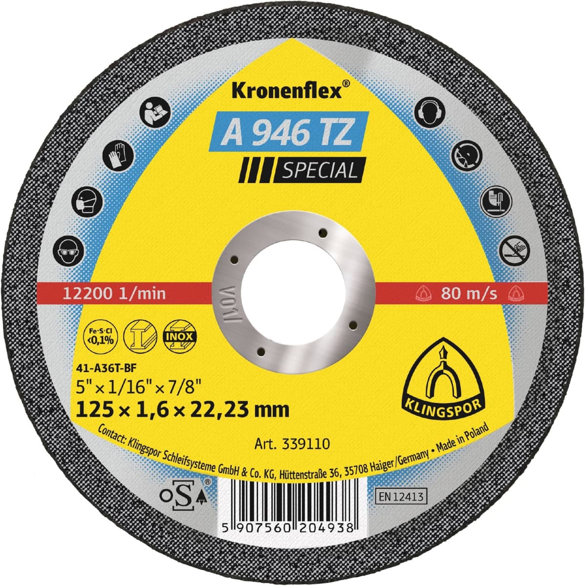 KLINGSPOR Kronenflex® A 946 TZ Special Trennscheibe 339110, Ø 125 mm x 1,6 mm x 22 mm, P36, A, 12.200 U./Min., Typ 41 Gerade, Aluminiumkorn, Für Edelstahl und Stahl