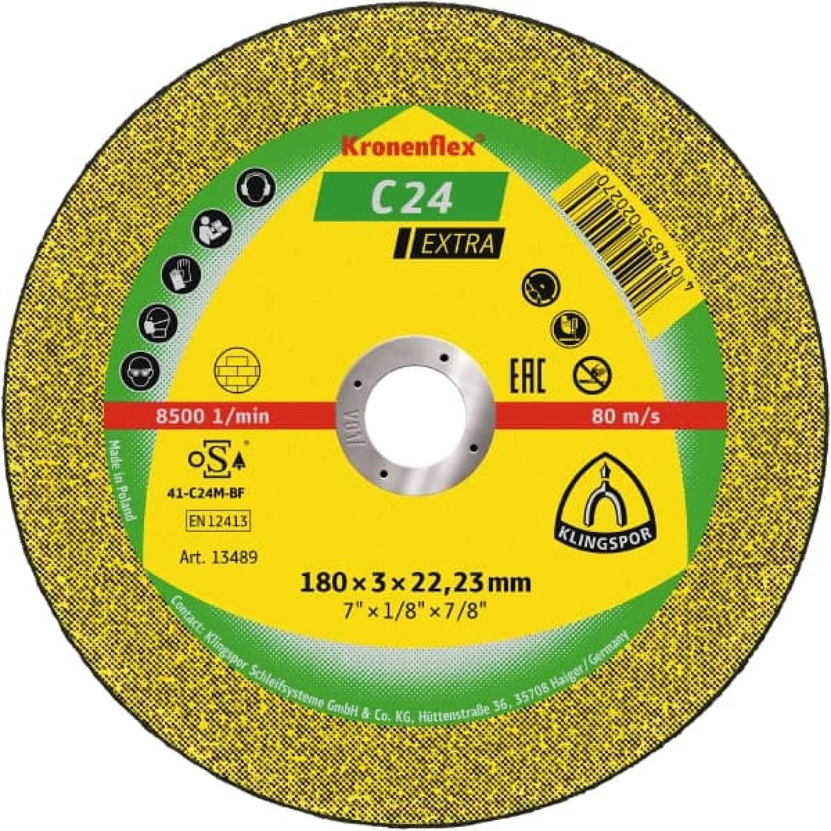 KLINGSPOR Kronenflex® C 24 Extra Trennscheibe 188464, Ø 125 mm x 2,5 mm x 22 mm, P36, S, 12.200 U./Min., Typ 27 Gekröpft, Siliziumkorn, Für Stein und Beton