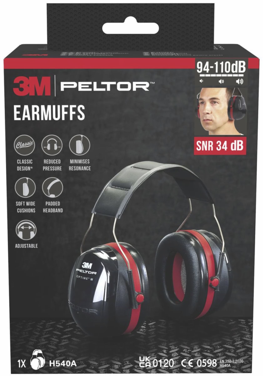 3M™ Peltor™ Optime™ III Kapselgehörschutz H540A-1, Für extrem laute Arbeitsumgebungen, SNR = 34 dB, Rot/Schwarz, Kopfbügel, Einzelhandelsverpackung