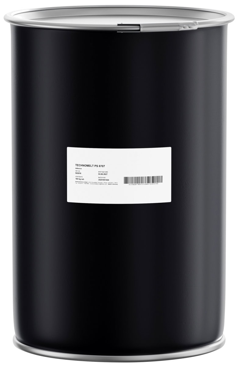 Henkel™ Technomelt® PS 8707 Schmelzklebstoff, 15 Kg, Hellgelb/ Transparent, 1022623, Für Etiketten für verformbare Behältnisse, industrielle Fassetiketten, Dachanwendungen und die allgemeine Verklebung von Papier